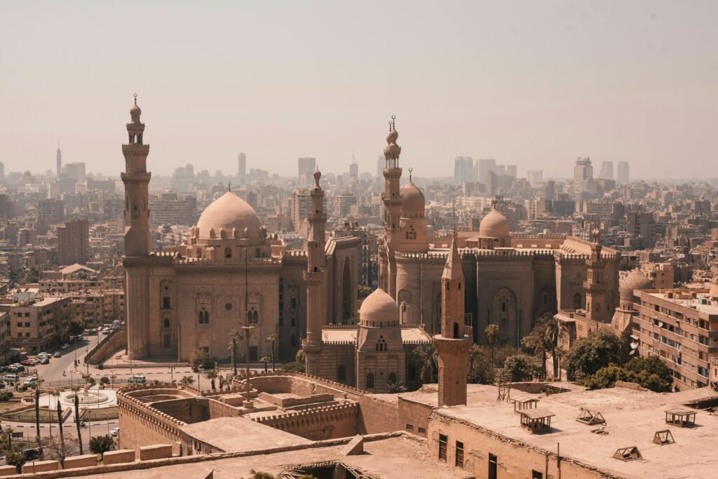 A mesmerizing view of Cairo's skyline, with ancient minarets and modern skyscrapers.